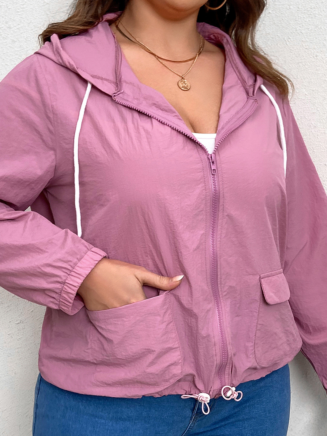 Plus Size Zip-Up Drawstring Hooded Jacket with Pockets 