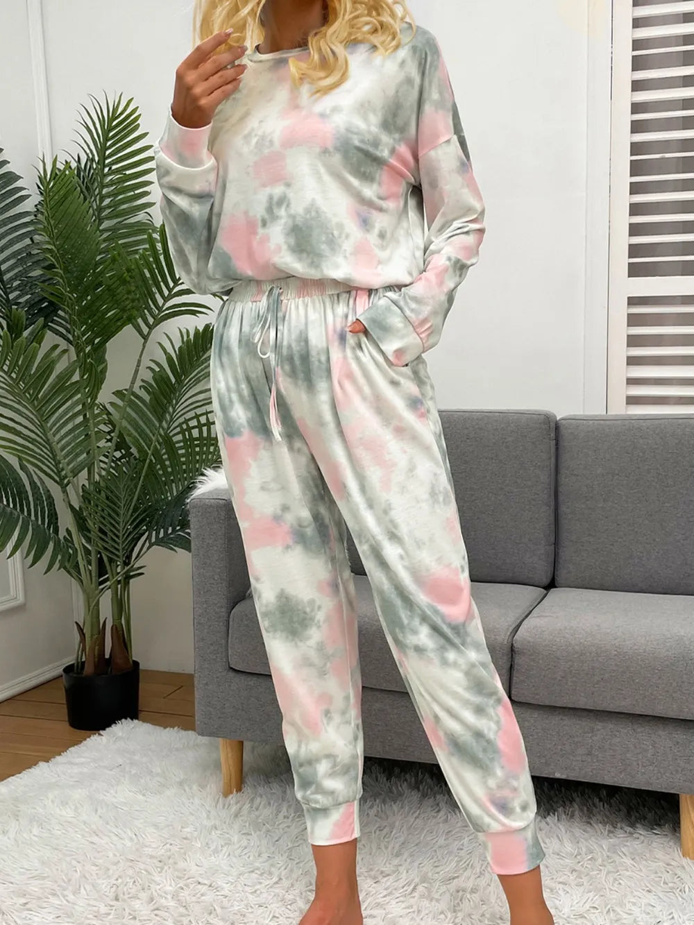 Shiny Tie-Dye Round Neck Top and Drawstring Pants Lounge Set Lingerie & Nightwear