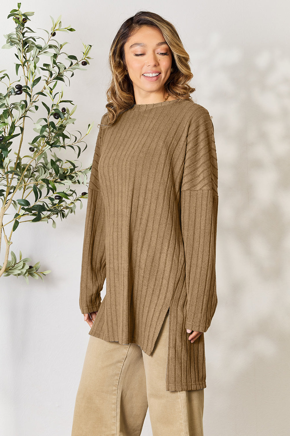 Basic Bae Full Size Ribbed Round Neck Long Sleeve Slit Top 