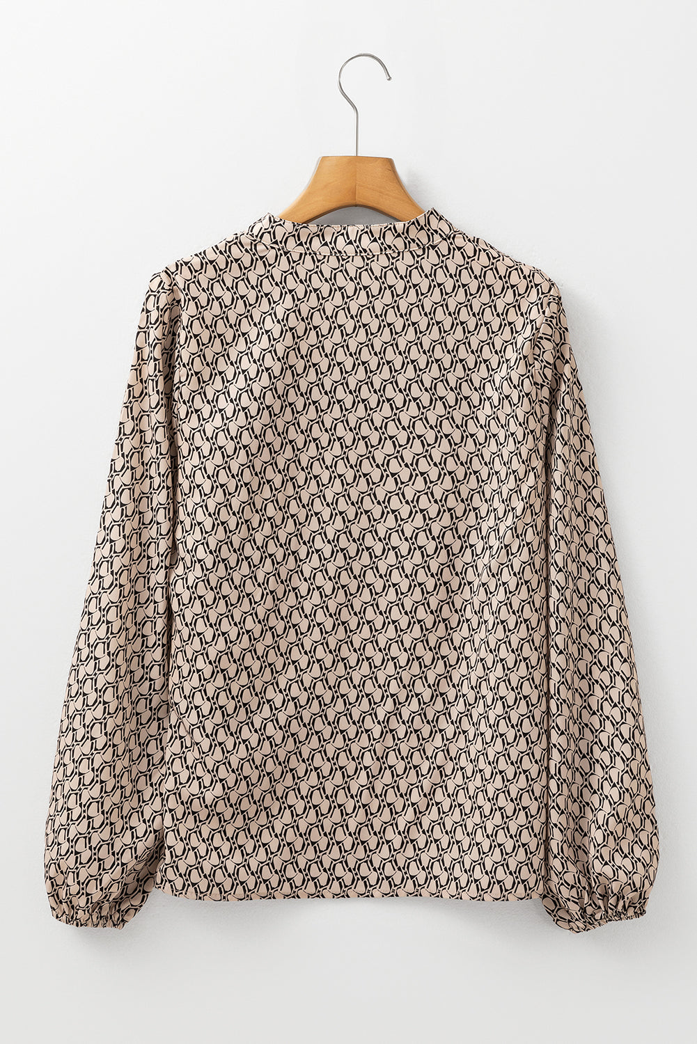 Khaki Geometric Print Notched Neck Puff Sleeve Blouse Tops/Blouses & Shirts