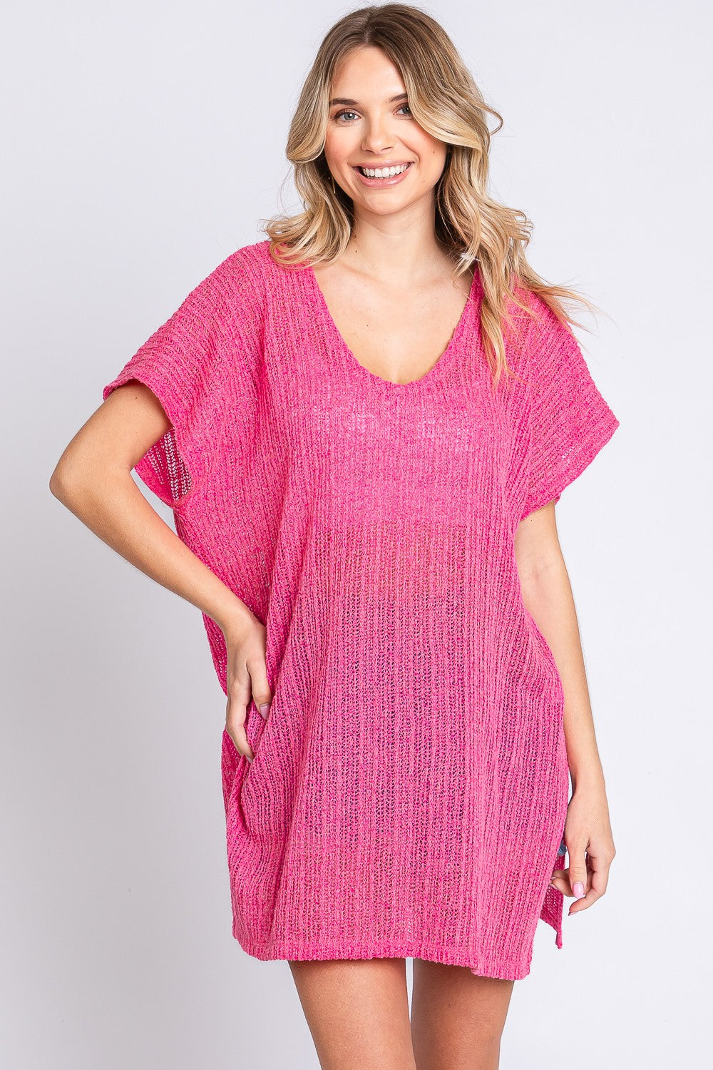 GeeGee Short Sleeve Side Slit Knit Cover Up Dress 