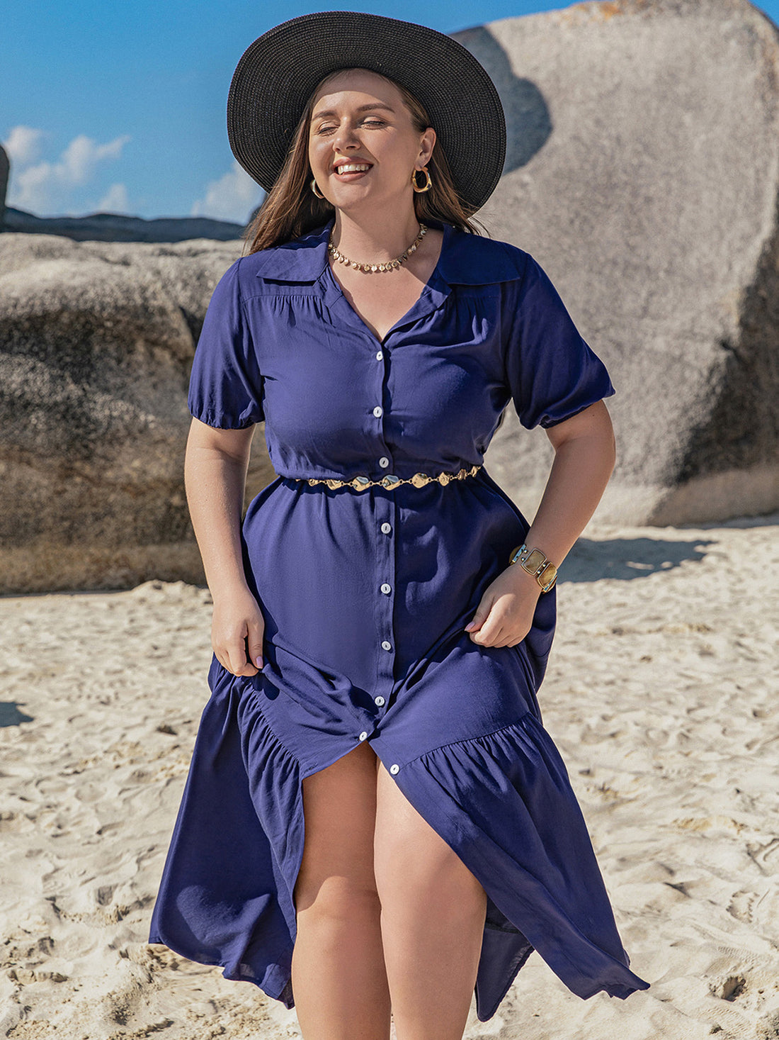 Plus Size Collared Neck Short Sleeve Midi Dress 
