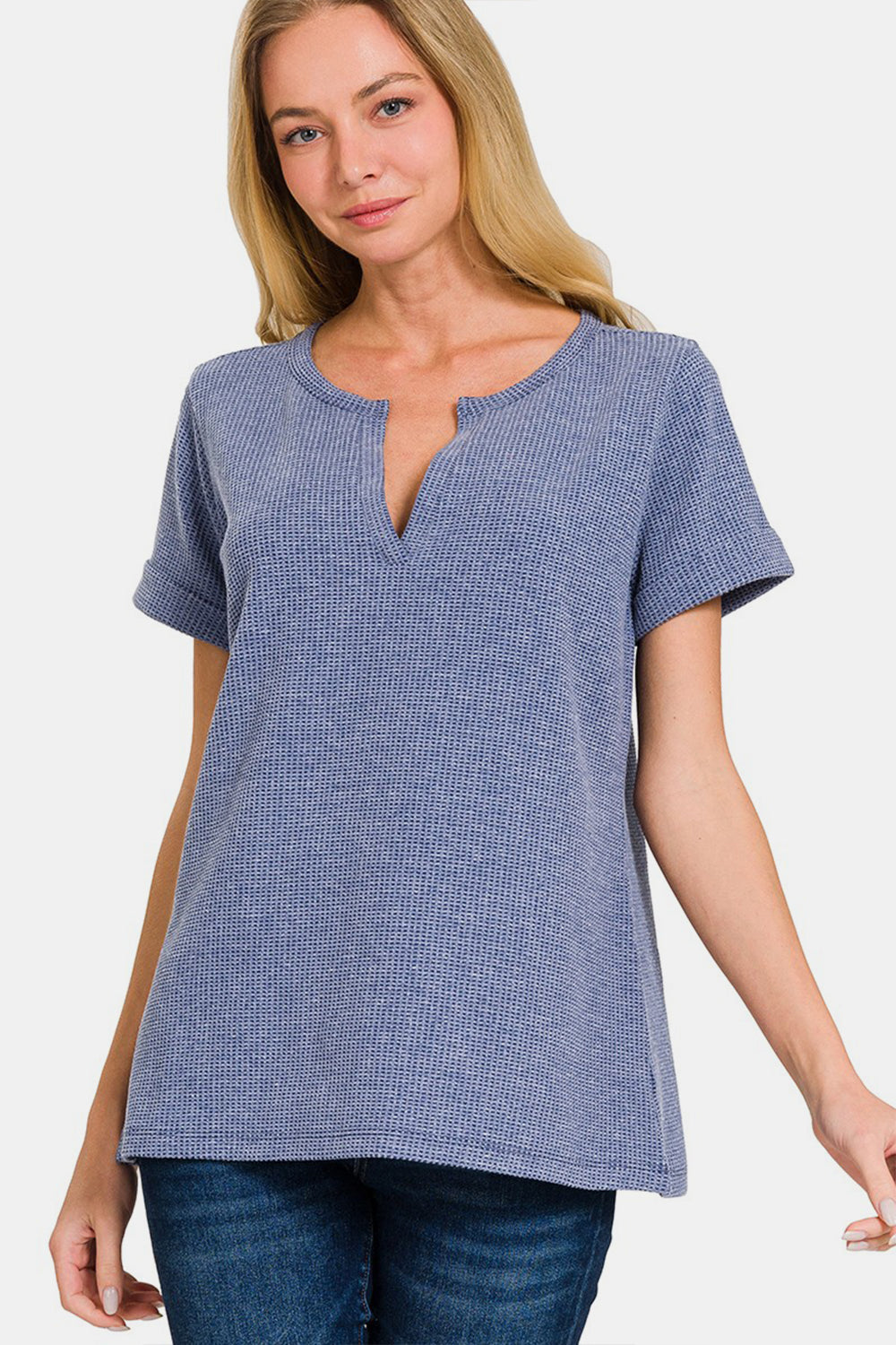 Zenana Notched Short Sleeve Waffle T-Shirt 