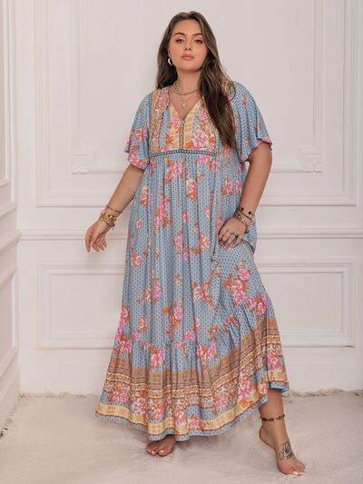 Plus Size Printed Tie Neck Flutter Sleeve Maxi Dress Dresses