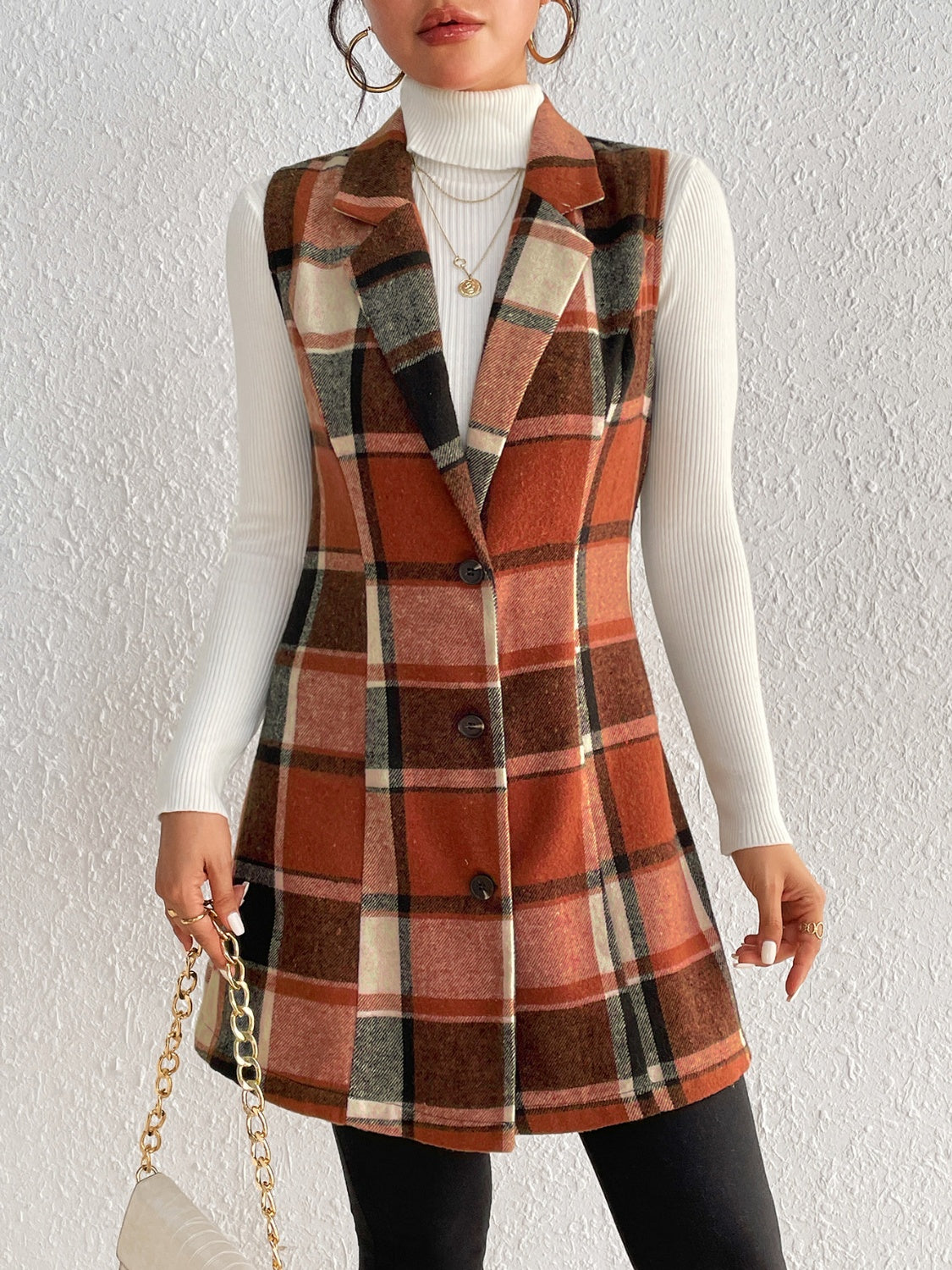 Honey Plaid Button Up Vest Coat 