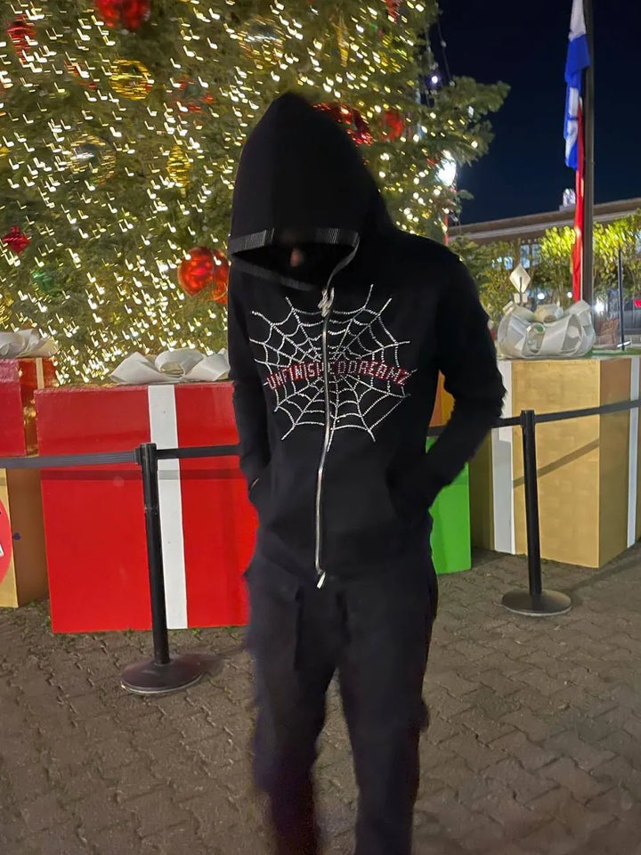 Men's Spider Web Rhinestones Zip-Up Hoodie 