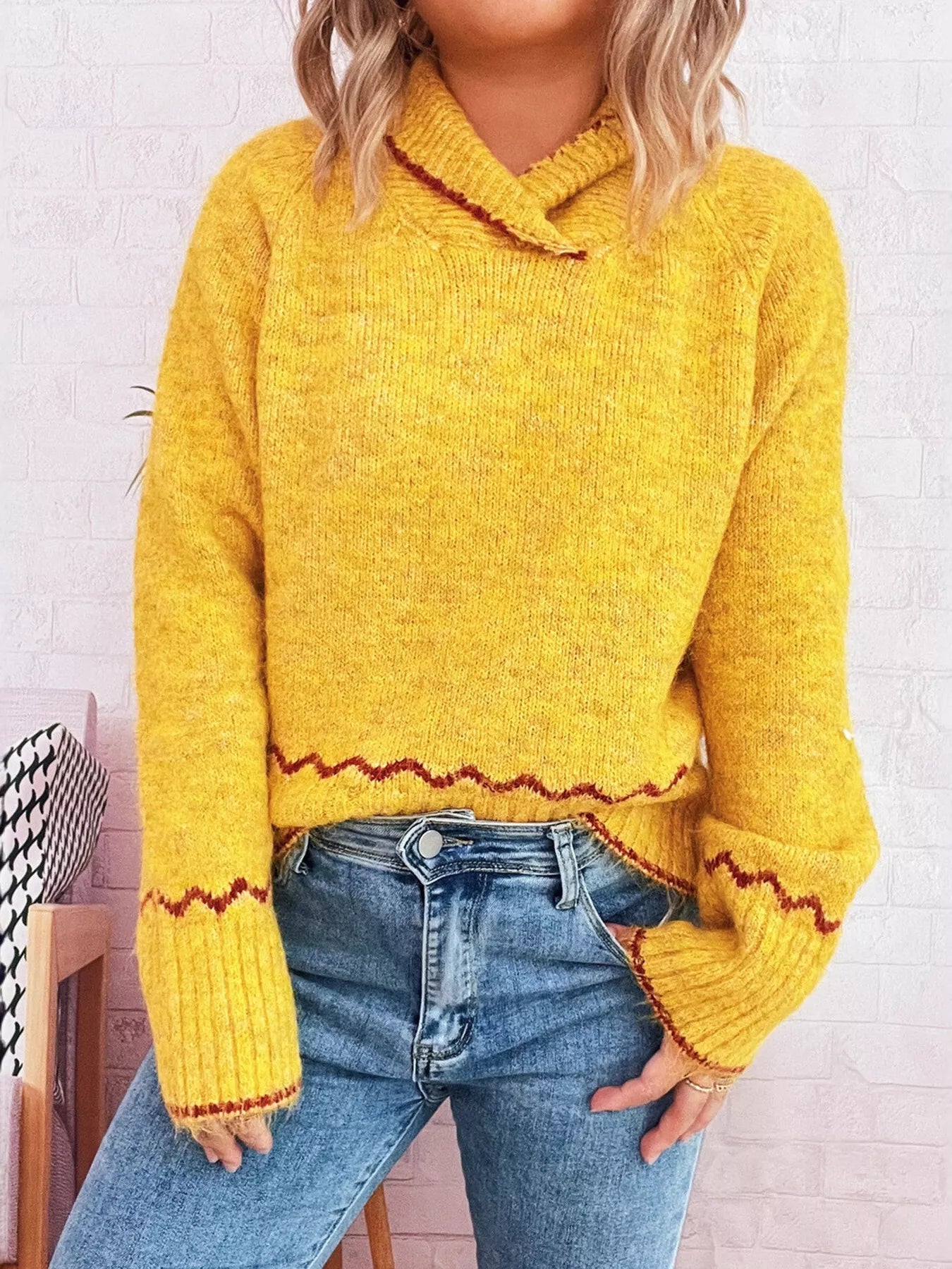 Ribbed Contrast Trim Long Sleeve Sweater 