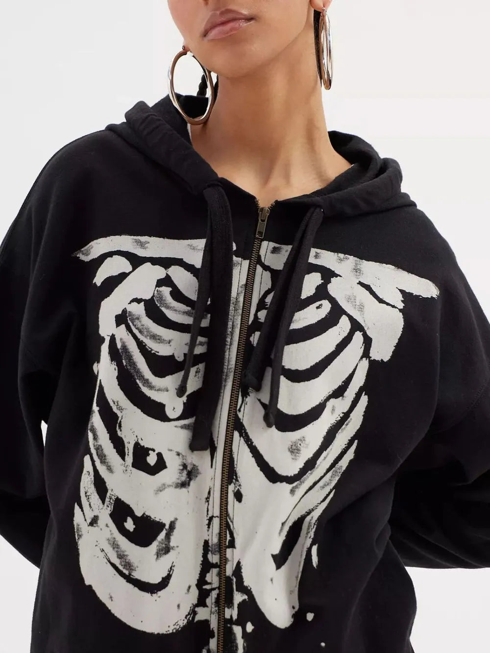 Skeleton Zip Up Drawstring Hoodie 