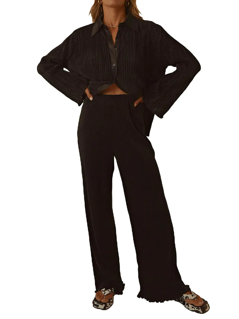 Collared Neck Long Sleeve Top and Pants Lounge Set Lingerie & Nightwear