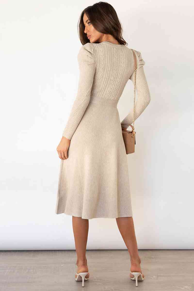 Round Neck Long Sleeve Tie Waist Sweater Dress Dresses