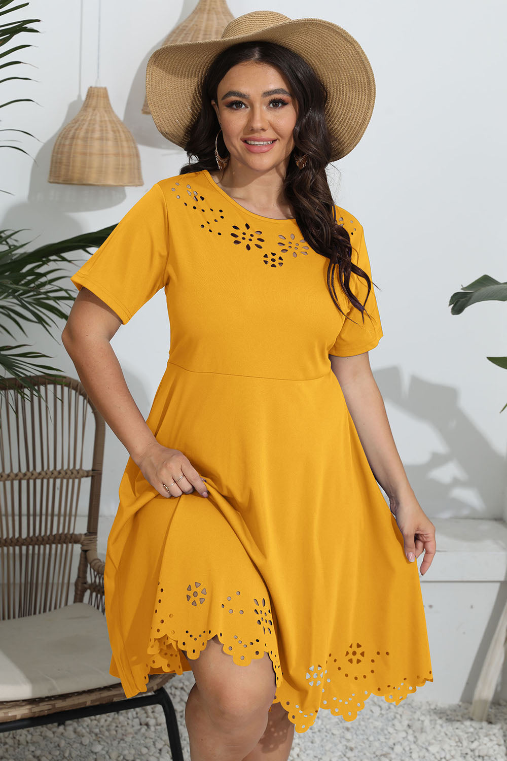 Plus Size Round Neck Openwork Dress 