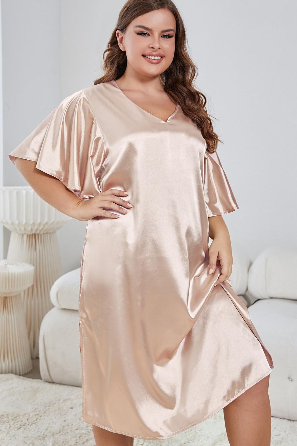 Plus Size Flutter Sleeve V-Neck Side Slit Night Gown 