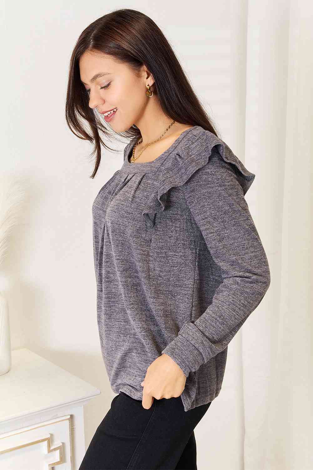Double Take Square Neck Ruffle Shoulder Long Sleeve T-Shirt 