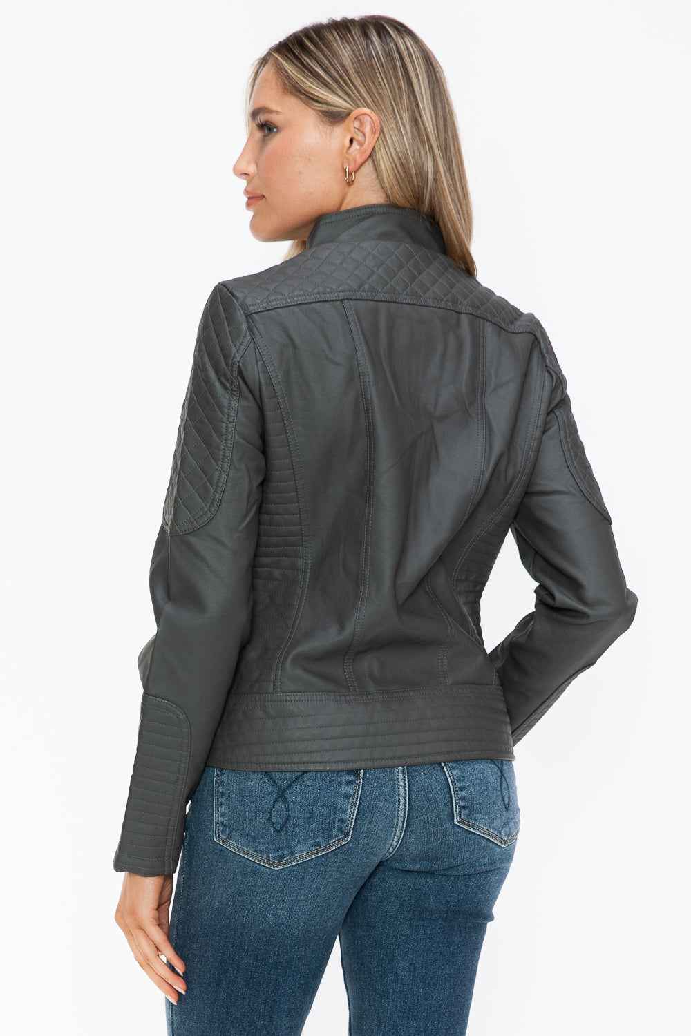 Snobbish Faux Leather Zip Up Mock Neck Jacket 