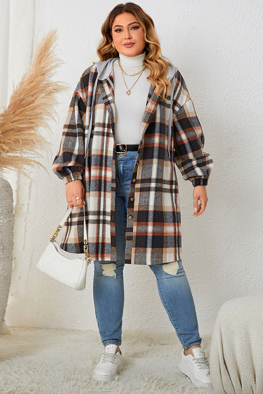 Honey Plus Size Plaid Drop Shoulder Hooded Coat 