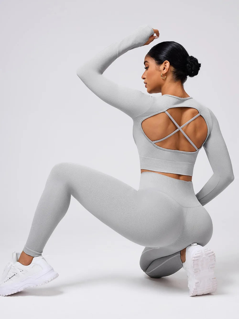 Back Crisscross Round Neck Long Sleeve Top and Leggings Active Set 