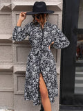 Perfee Lace Detail Printed Long Sleeve Midi Dress Dresses