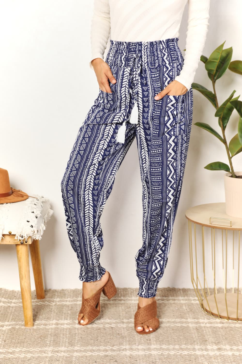 Perfee Geometric Print Tassel High-Rise Pants 