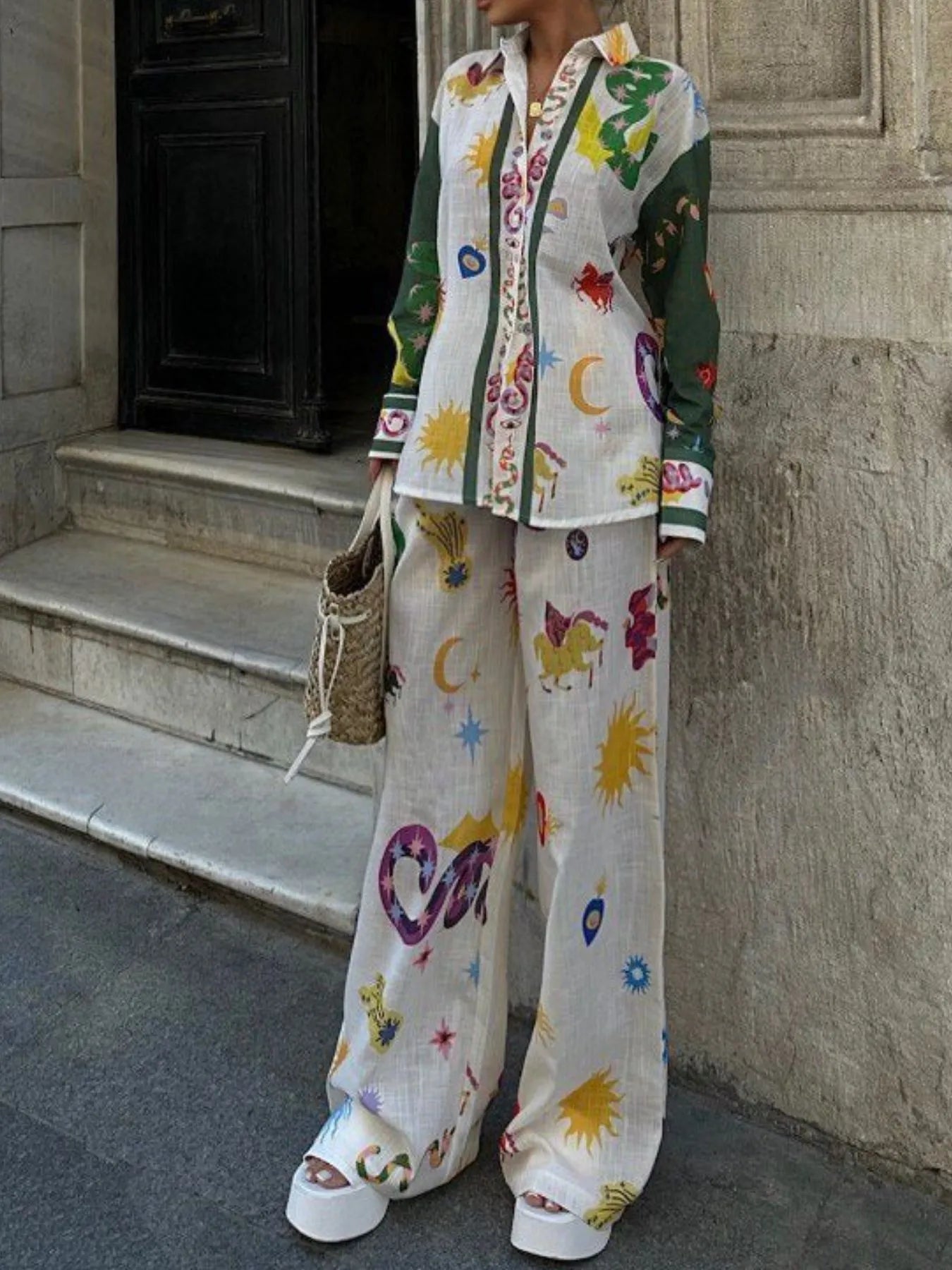 Printed Button Down Shirt and Pants Set Two Piece Dresses