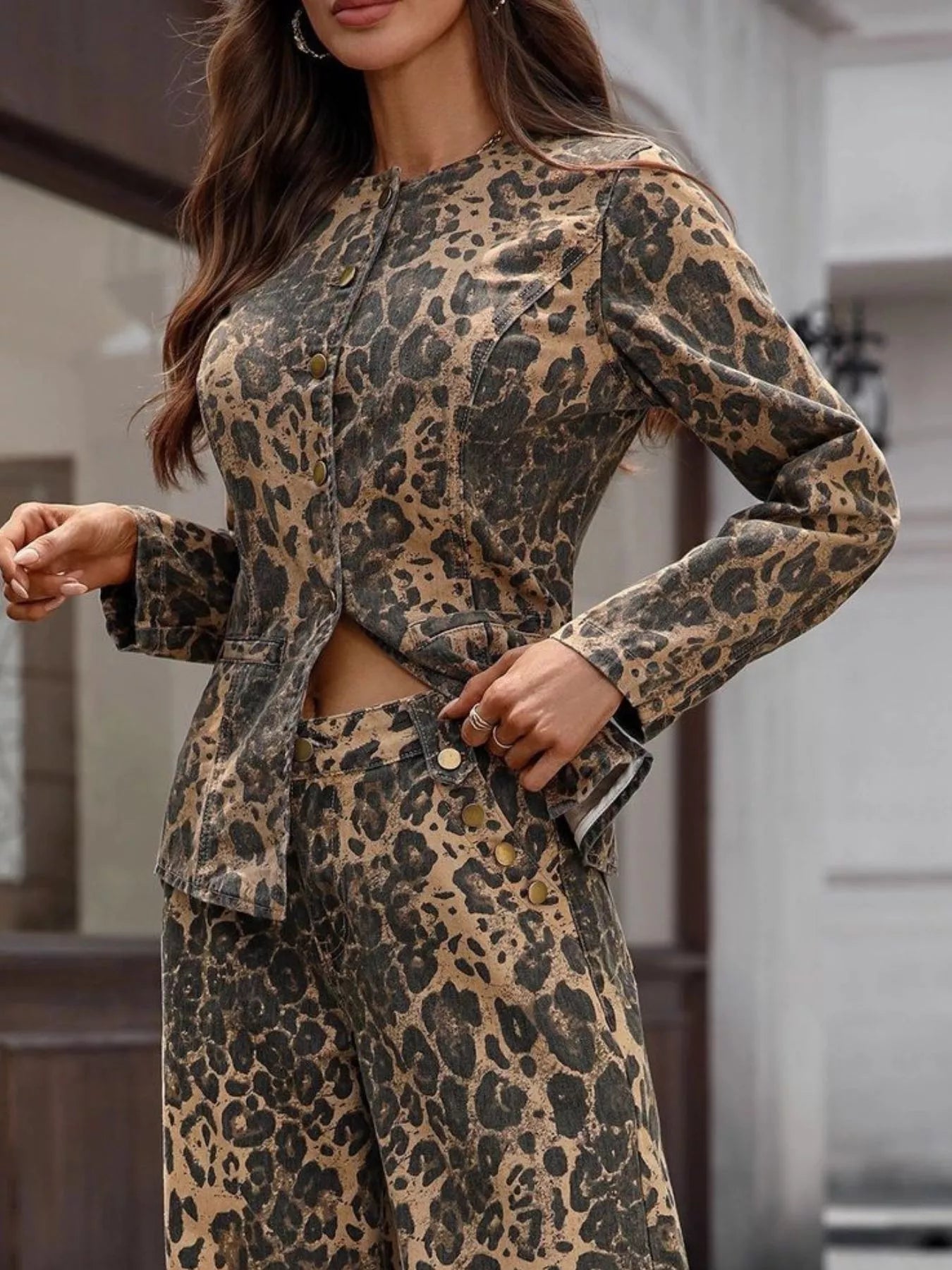 Leopard Button Up Long Sleeve Denim Shirt 