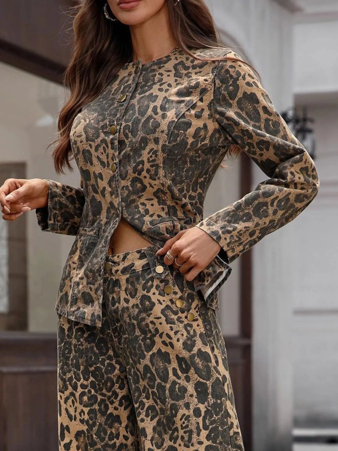 Leopard Button Up Long Sleeve Denim Shirt 