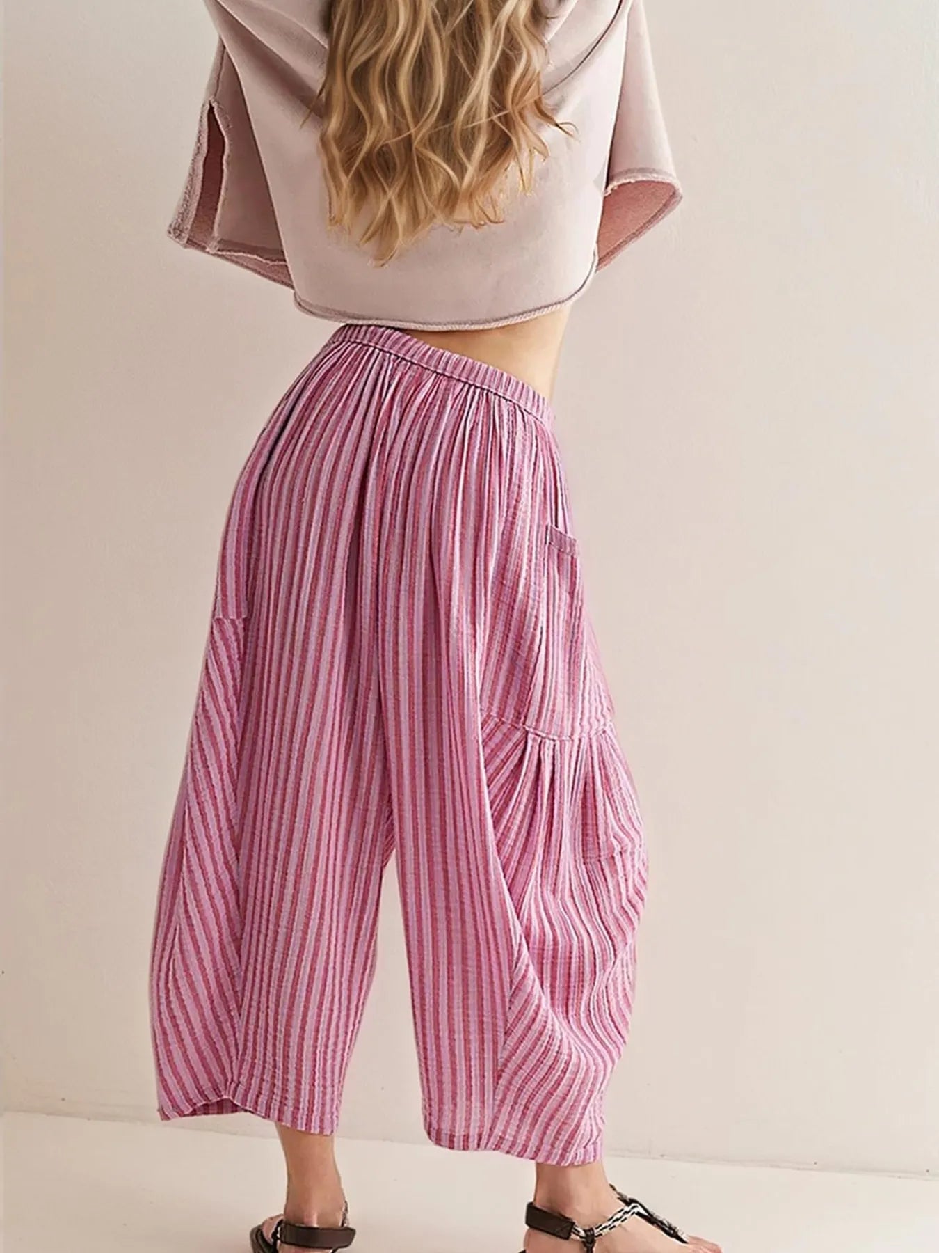 Full Size Striped Wide Leg Casual Pants Plus Size 