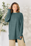 Basic Bae Full Size Ribbed Round Neck Long Sleeve Slit Top 