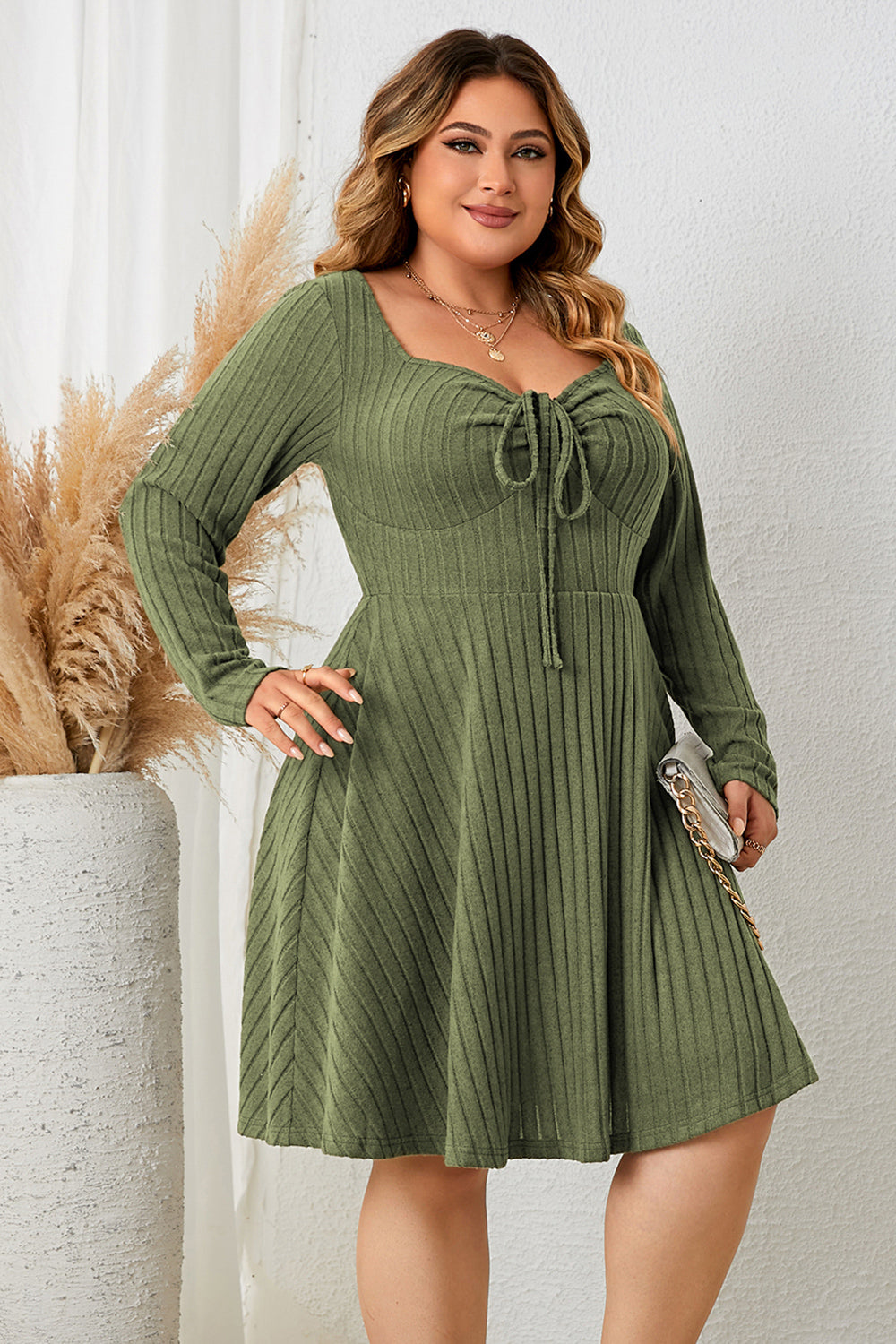 Honey Plus Size Sweetheart Neck Long Sleeve Ribbed Dress 