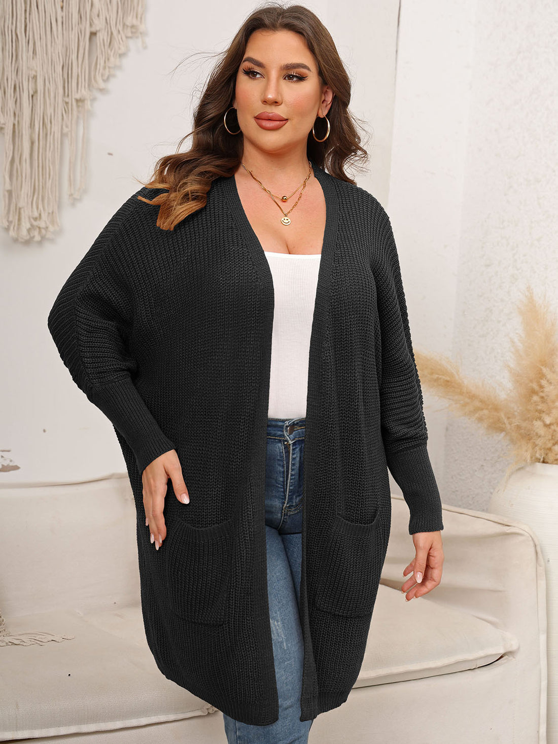 Plus Size Open Front Cardigan With Pockets 