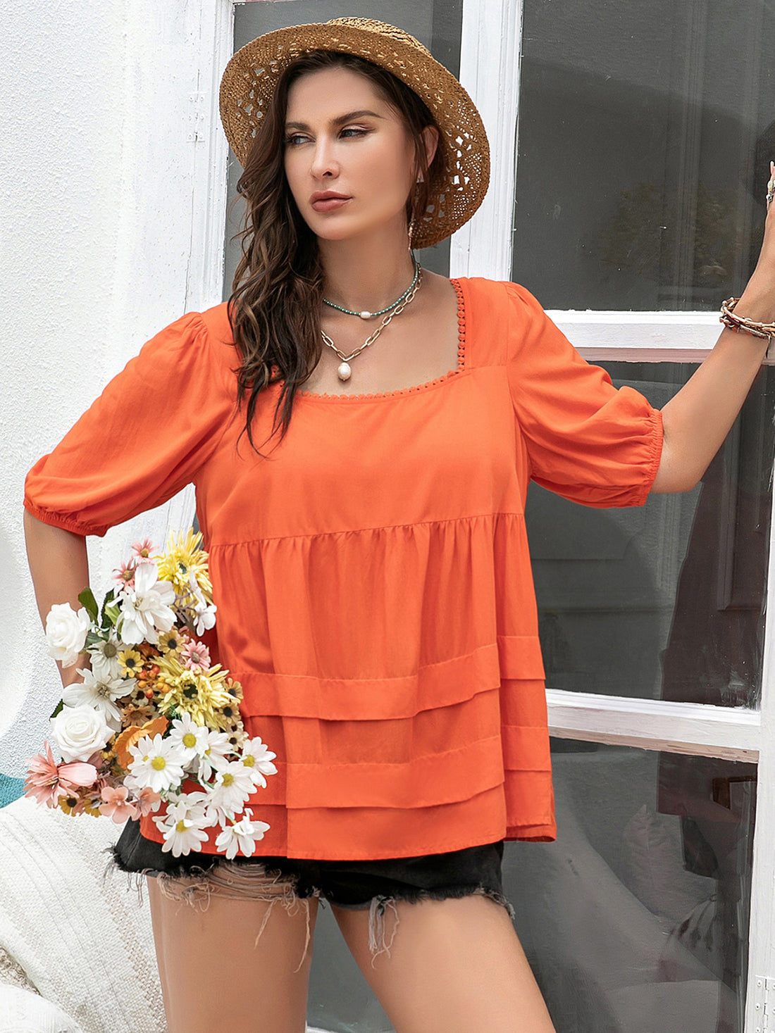 Plus Size Square Neck Half Sleeve Blouse 