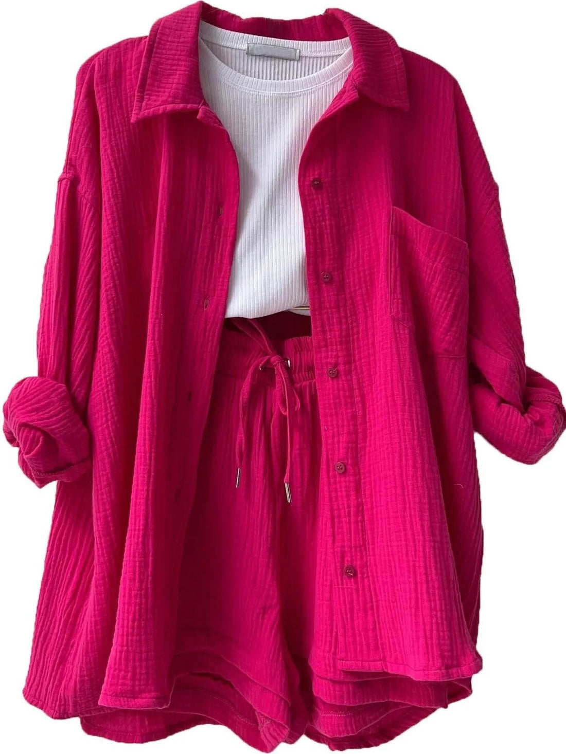 Textured Button Up Shirt and Shorts Set Two Piece Dresses