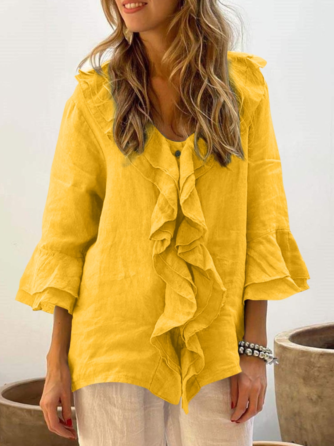 Full Size Ruffled V-Neck Flounce Sleeve Blouse 