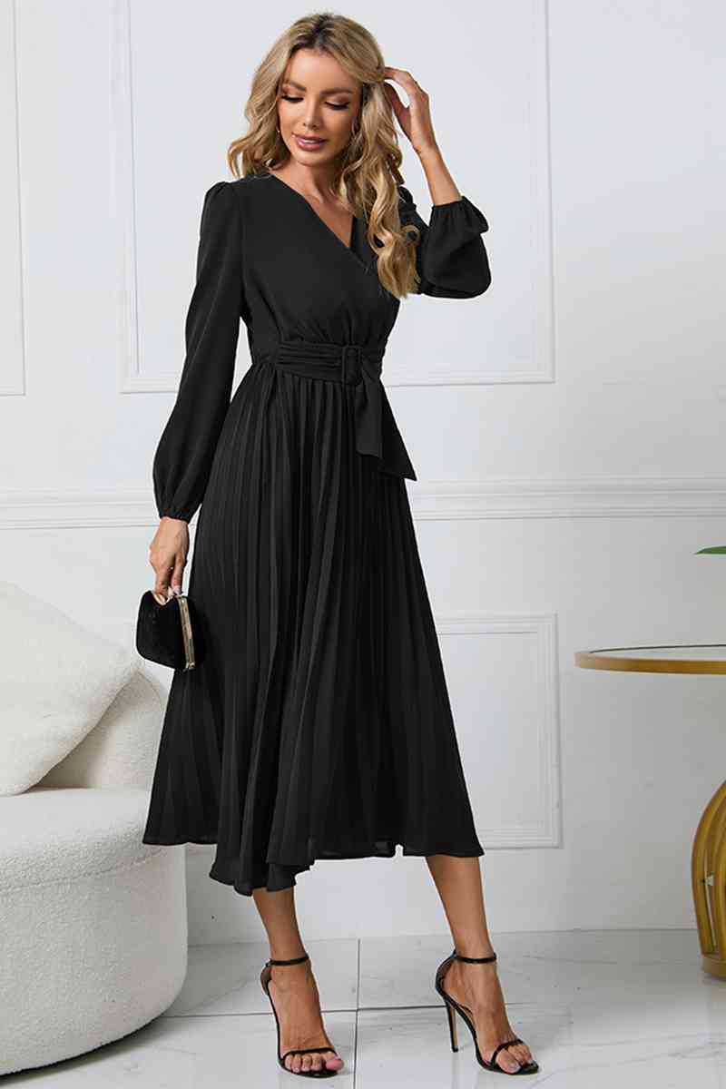 V-Neck Long Sleeve Tie Waist Midi Dress Dresses