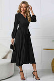 V-Neck Long Sleeve Tie Waist Midi Dress Dresses