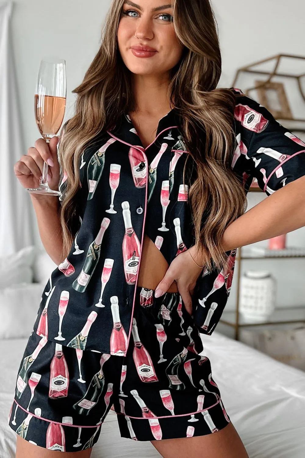 Champagne Print Short Sleeve Top and Shorts Set Lingerie & Nightwear