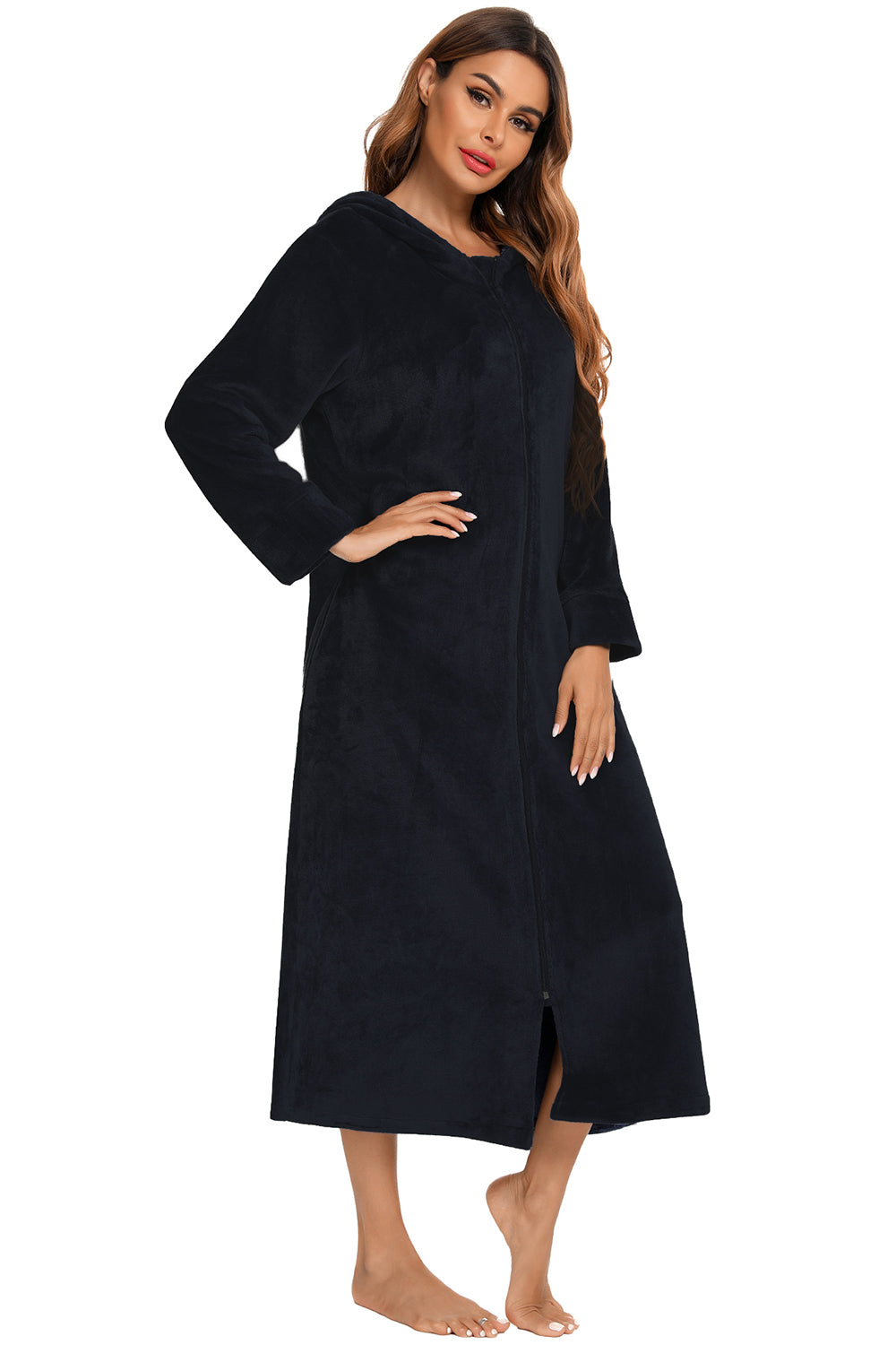Zip Front Hooded Night Dress with Pockets 