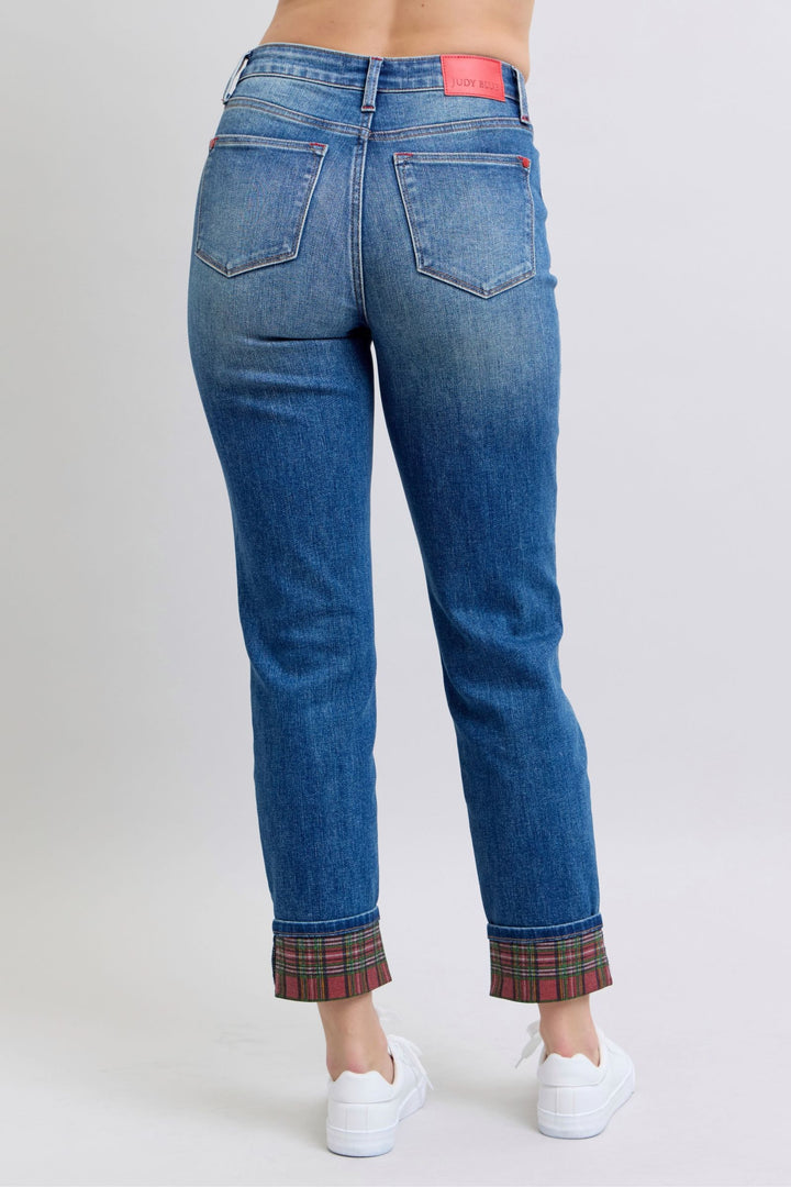 Judy Blue Full Size Plaid Print Cuff Straight Leg Jeans with Pockets 