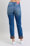 Judy Blue Full Size Plaid Print Cuff Straight Leg Jeans with Pockets 