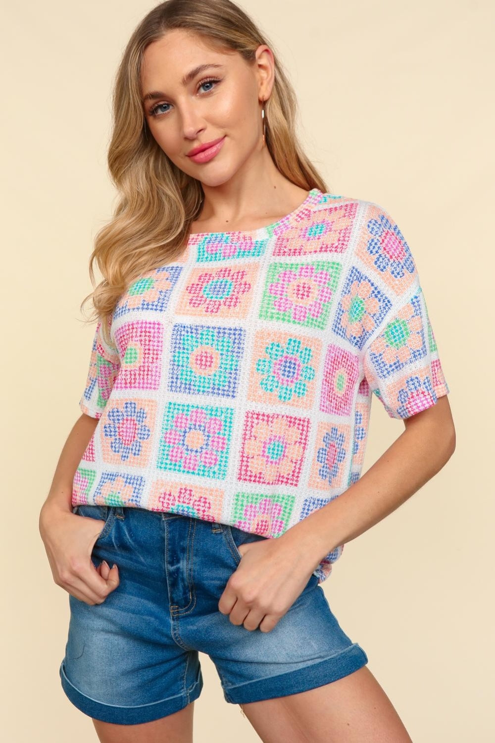 Haptics Flower Print Round Neck Short Sleeve T-Shirt 