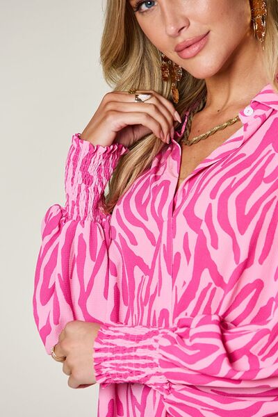 Double Take Full Size Printed Smocked Long Sleeve Blouse 