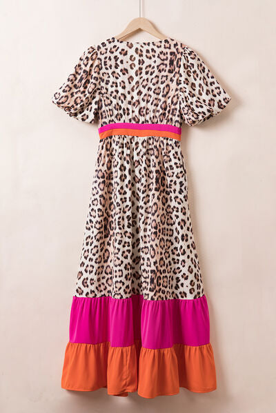 Full Size Leopard V-Neck Half Sleeve Maxi Dress Dresses