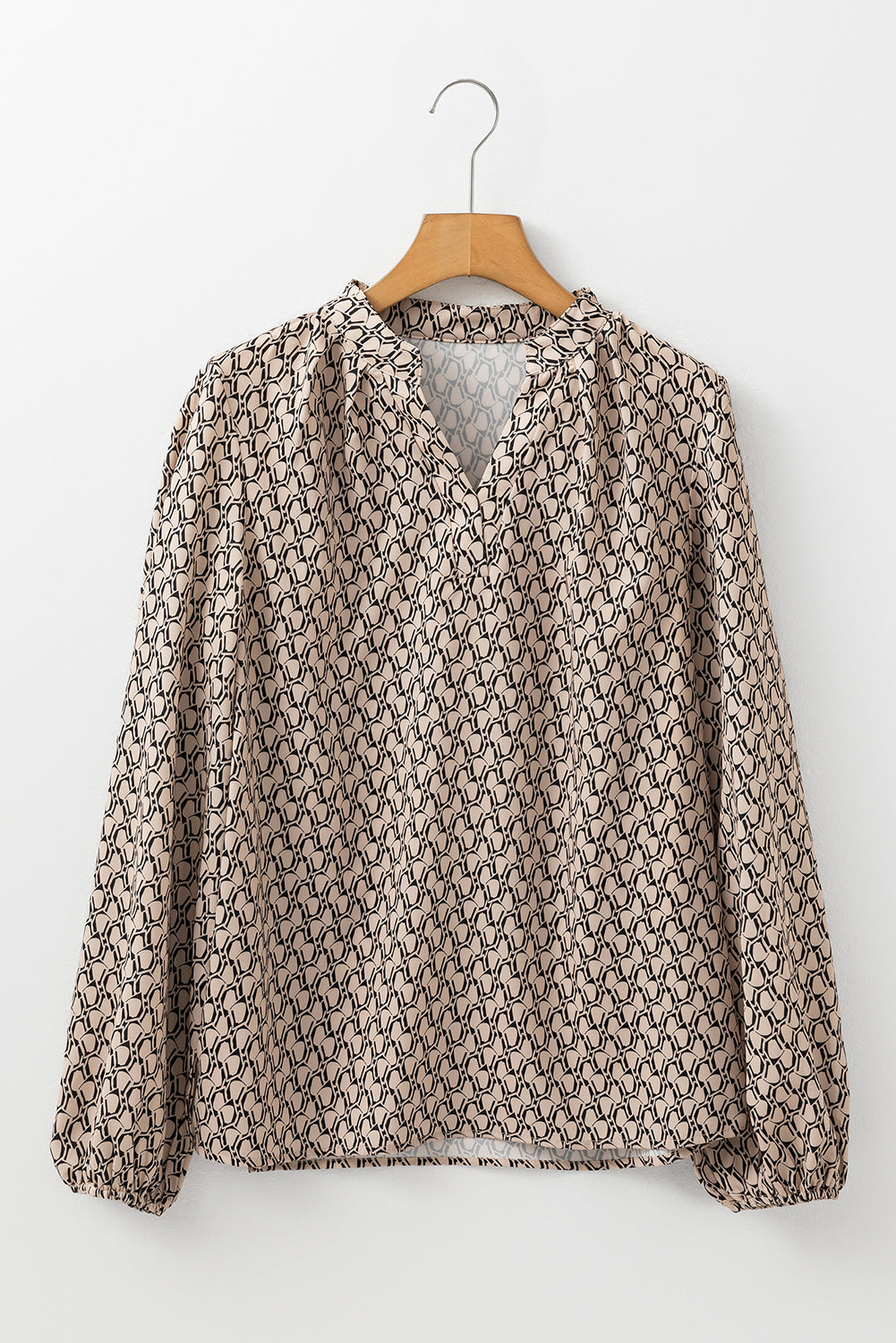 Khaki Geometric Print Notched Neck Puff Sleeve Blouse Tops/Blouses & Shirts