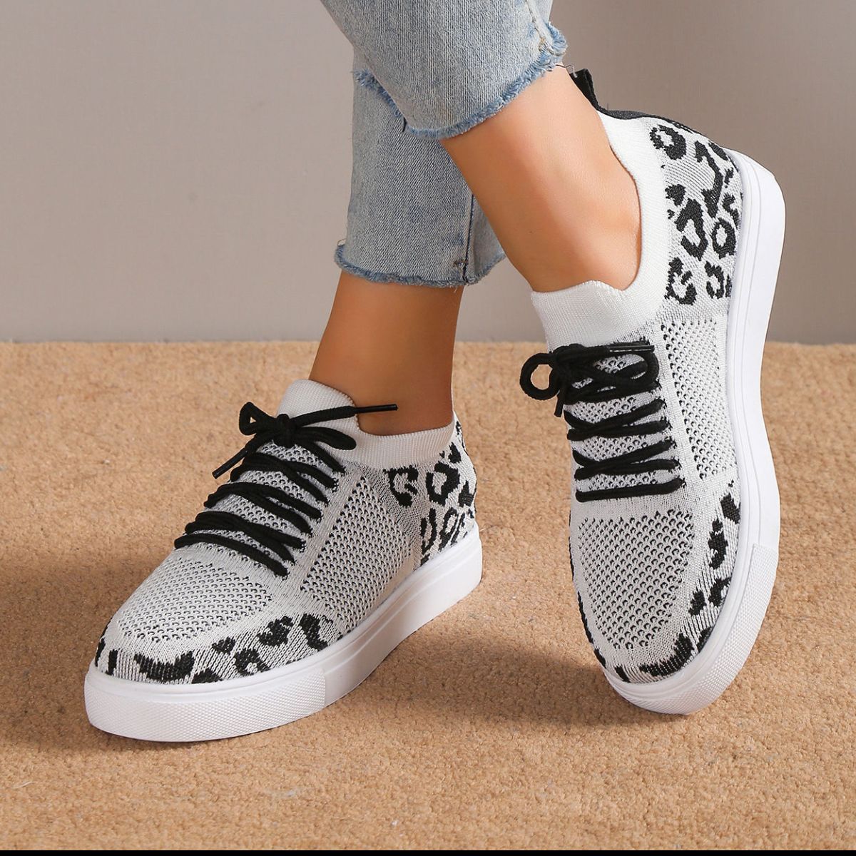 Lace-Up Leopard Flat Sneakers 