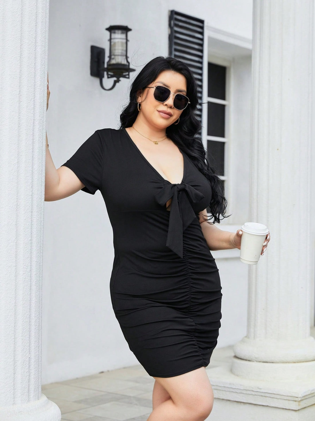 Plus Size Ruched Tied Short Sleeve Mini Dress 