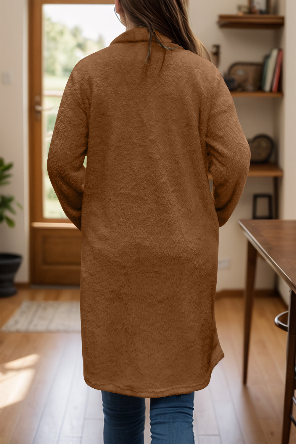 Full Size One Button Long Sleeve Longline Plush Coat 