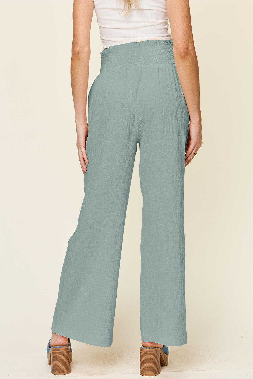 Double Take Full Size Texture Smocked Waist Wide Leg Pants 