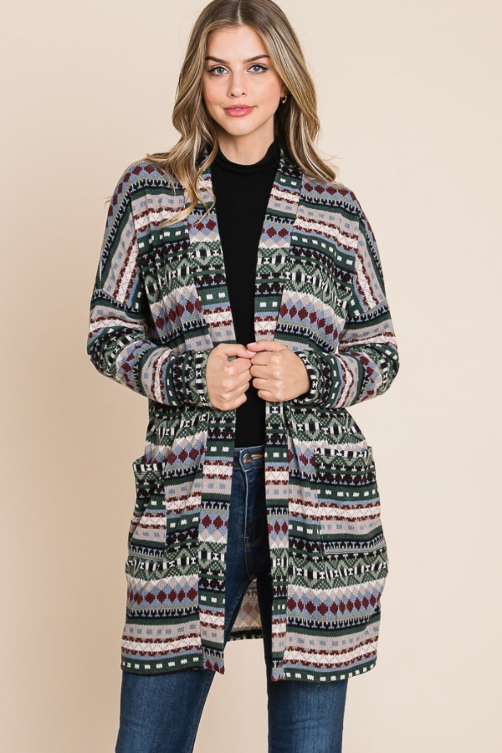BOMBOM Geometric Open Front Long Sleeve Cardigan with Pockets 