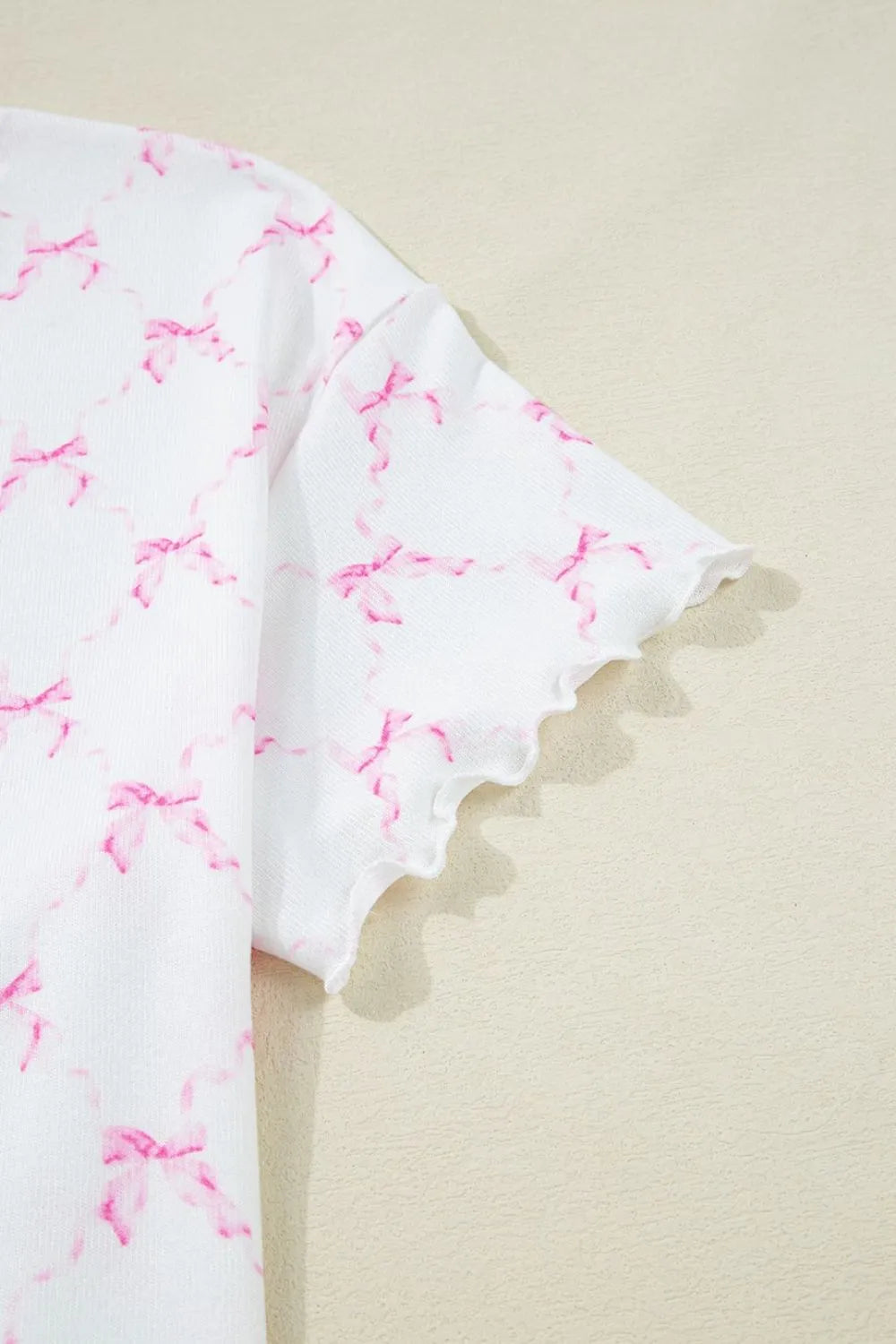 Bow Print Lettuce Trim Round Neck Top and Shorts Lounge Set Lingerie & Nightwear