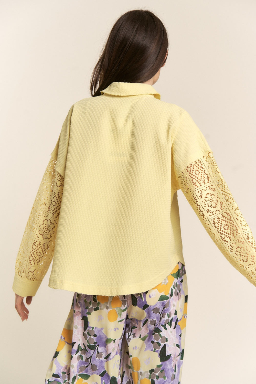 J.NNA Button Down Lace Long Sleeve Waffle Shirt 