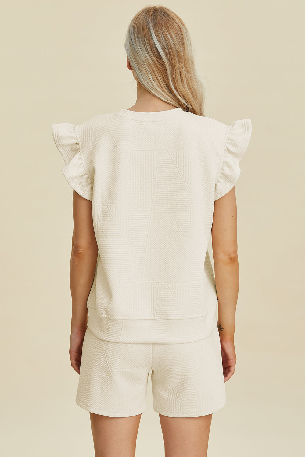 Double Take Full Size Texture Round Neck Ruffle Sleeve Top and Shorts Set 